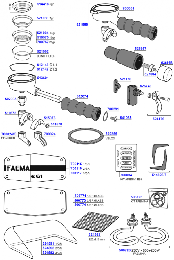 Faema - e61 and faemina miscellaneous parts