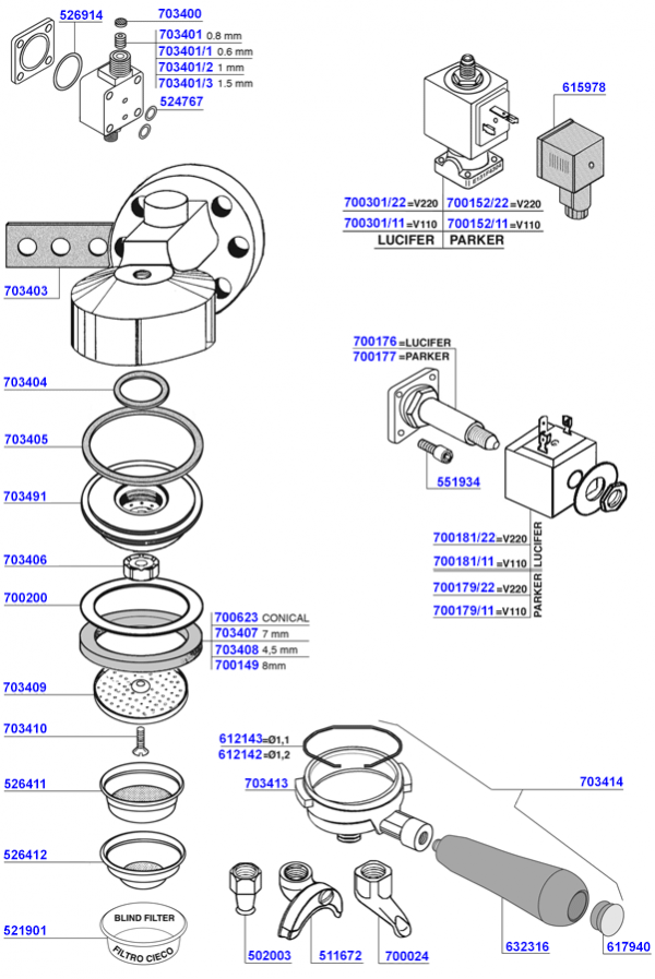 NS - Group head solenoid operated and portafilters