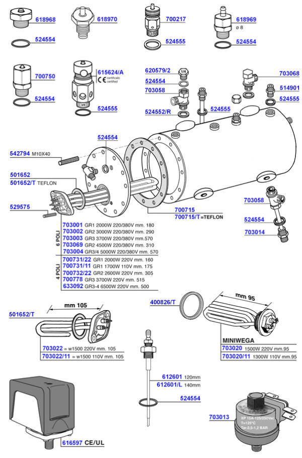 Elements and boiler components Wega Coffee Parts