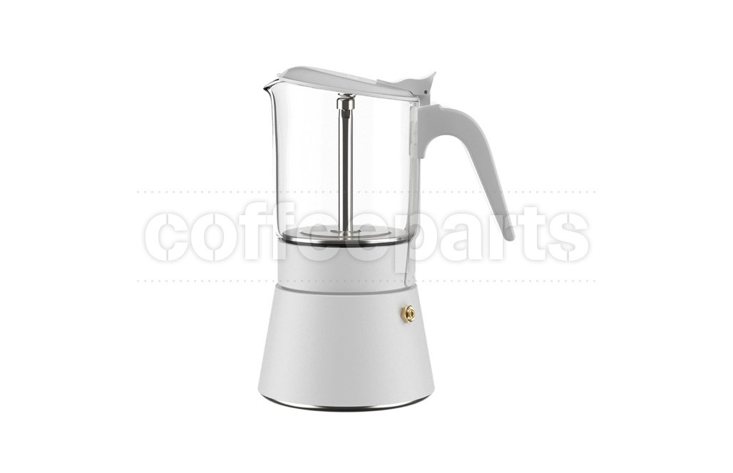 Elegant Joy Resolve ClearBrew Moka Pot White, 240ml capacity.
