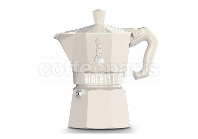 Sleek cream Bialetti 6 Cup Moka Exclusive coffee maker, classic style.