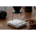 Cafe de Kona LED Dual Screen Coffee Scale: White. Scale in a coffee brewing setup.